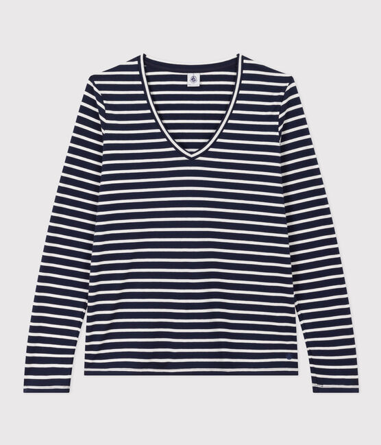 Camiseta LA RECTA de algodón con cuello de pico para mujer azul SMOKING/blanco MARSHMALLOW