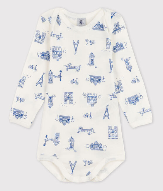 Bodi de manga larga de bebé niña blanco MARSHMALLOW/azul MAJOR