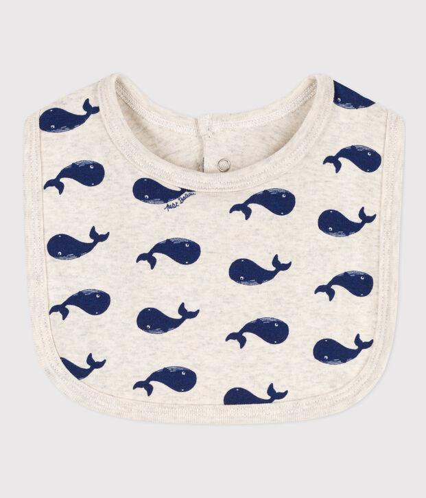 Babero individual de algod&oacute;n con ballenas beige/azul