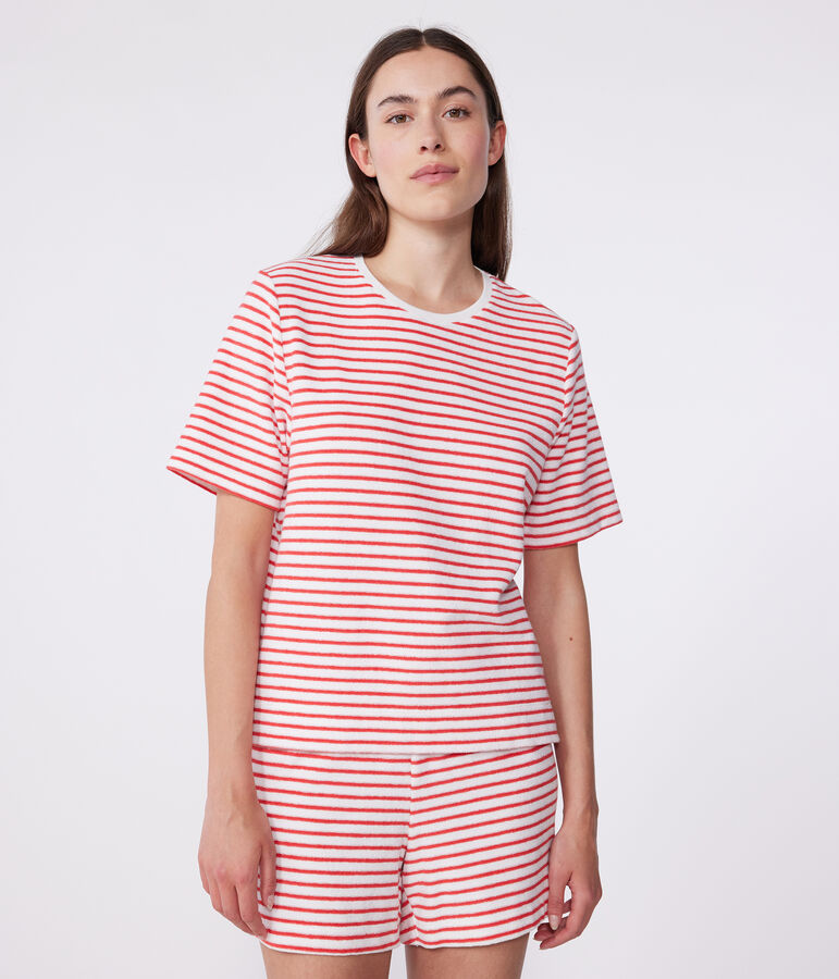 Pijama corto de algod&oacute;n a rayas para mujer blanco/rojo