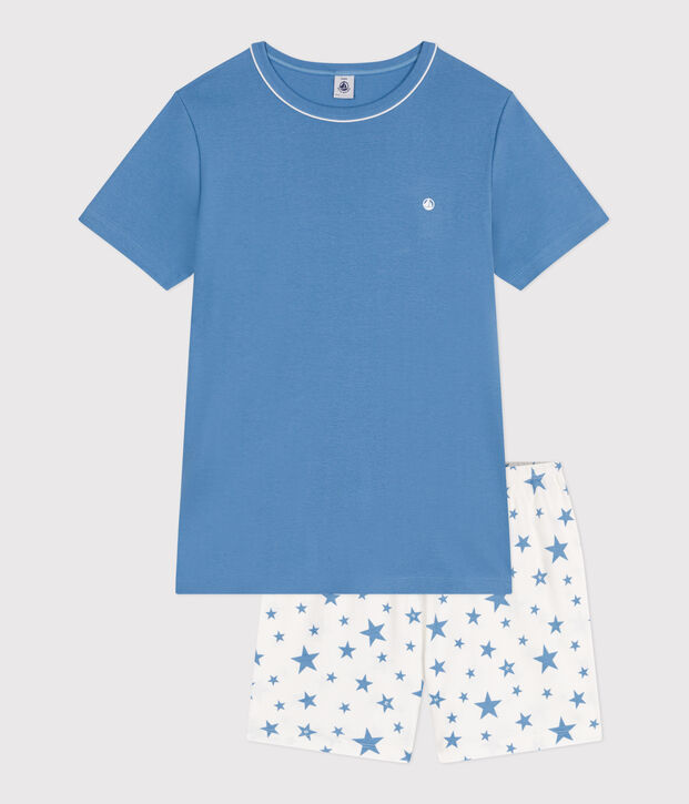Pijama corto infantil de algod&oacute;n azul/blanco