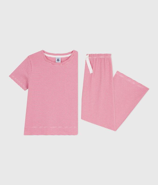Pijama infantil de manga corta y pernera ancha de algodón a rayas rosa PEONIA/ MARSHMALLOW