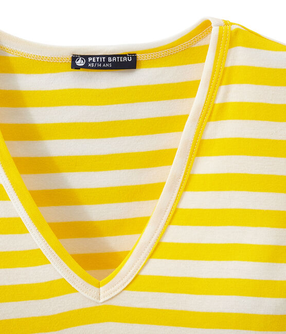 Camiseta de canalé original de rayas con cuello en pico para mujer amarillo SHINE/blanco MARSHMALLOW