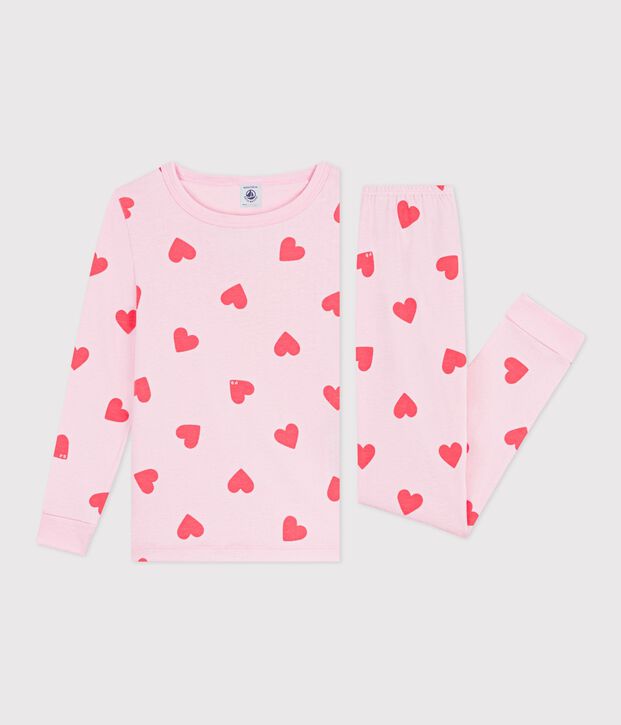 Pijama infantil muy ajustado de algod&oacute;n con estampado de corazones rosa/naranja