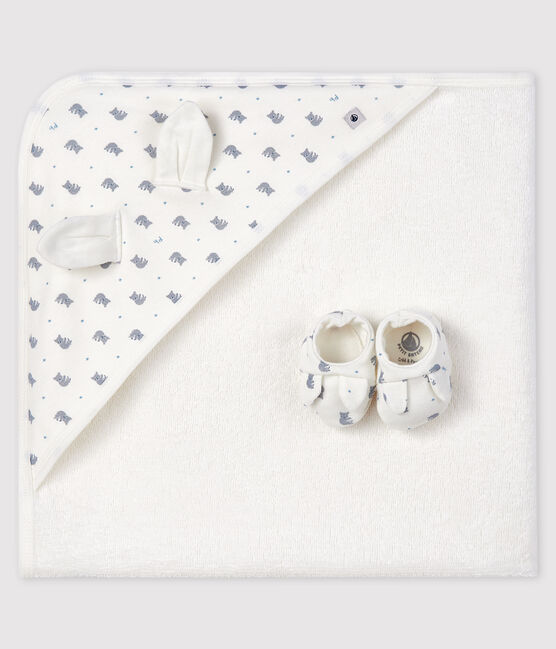 Estuche con toalla cuadrada de baño y patucos de bebé de rizo y algodón orgánico blanco MARSHMALLOW/gris GRIS/ MULTICO