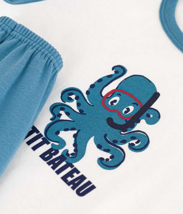 Pijama corto de pulpo de algod&oacute;n de ni&ntilde;o/ni&ntilde;a azul/blanco