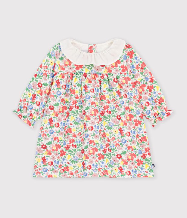 Vestido de algod&oacute;n de manga larga con estampado de flores para beb&eacute; blanco/multicolor