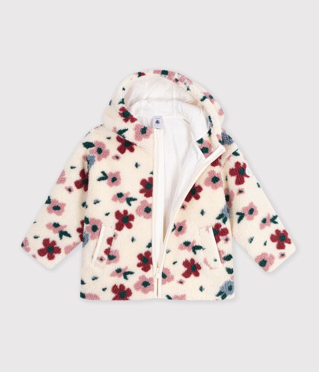 Chaqueta infantil de borreguito con flores y capucha crudo/multicolor