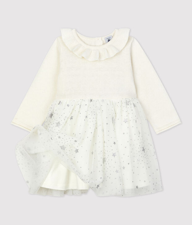 Vestido de tejido de punto de beb&eacute;. blanco/gris