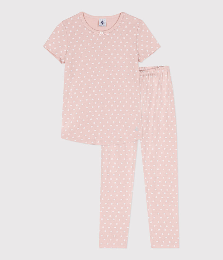 Pijama de manga corta de algod&oacute;n con lunares para ni&ntilde;a rosa/blanco