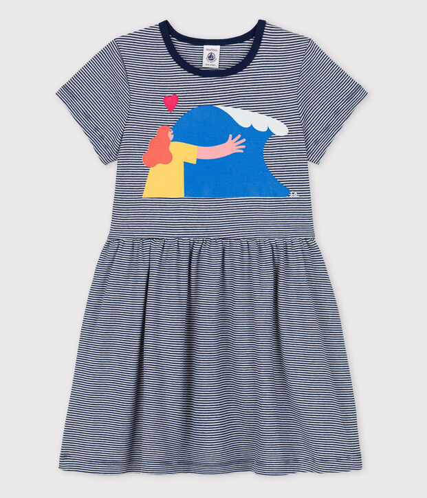 Vestido de ni&ntilde;a Petit Bateau x Water Family azul/blanco