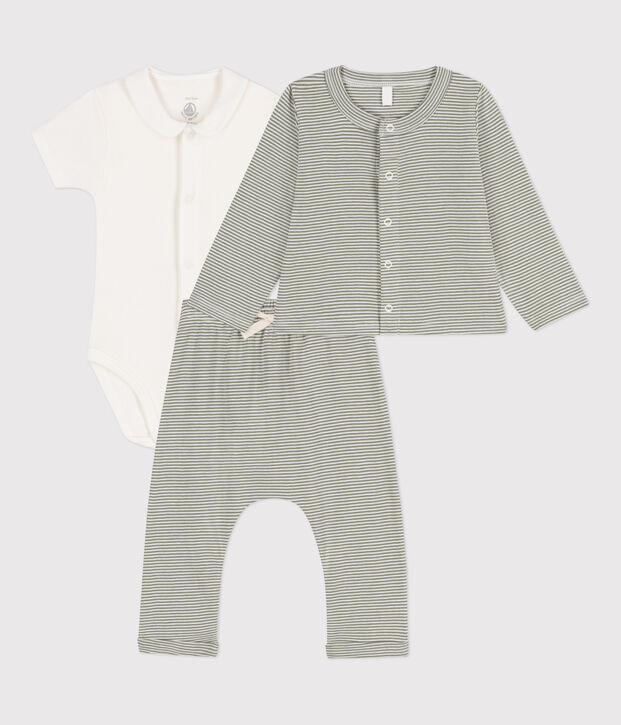 Conjunto de algod&oacute;n milrayas para beb&eacute; verde/blanco