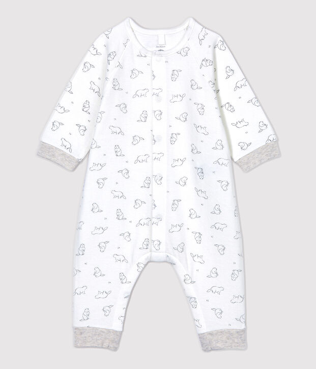 Mono largo con estampado de marmotas de beb&eacute; de algod&oacute;n org&aacute;nico blanco/gris