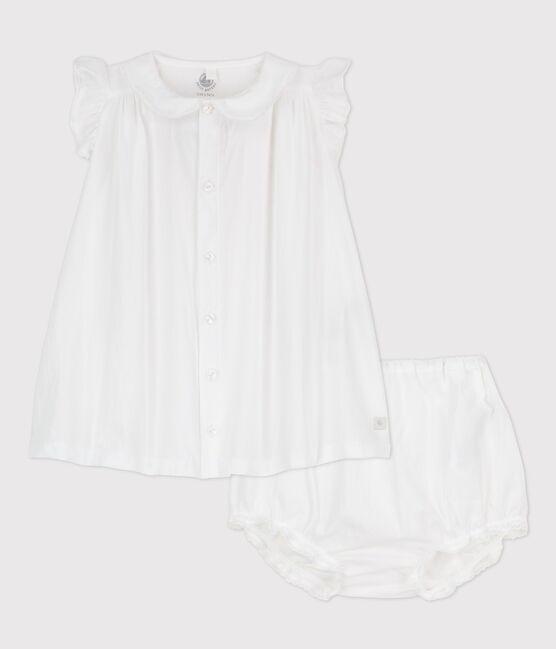 Vestido blanco de manga corta con braguitas bloomer de bebé niña en popelina de algodón ecológico blanco ECUME