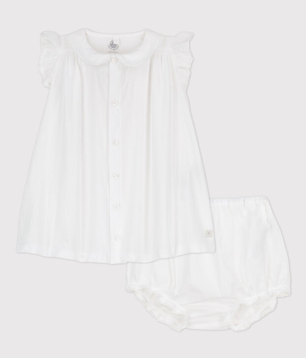 Vestido blanco de manga corta con braguitas bloomer de beb&eacute; ni&ntilde;a en popelina de algod&oacute;n ecol&oacute;gico blanco