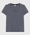 Camiseta de algodón LE CLASSIQUE con cuello de pico para mujer azul SMOKING/blanco MARSHMALLOW