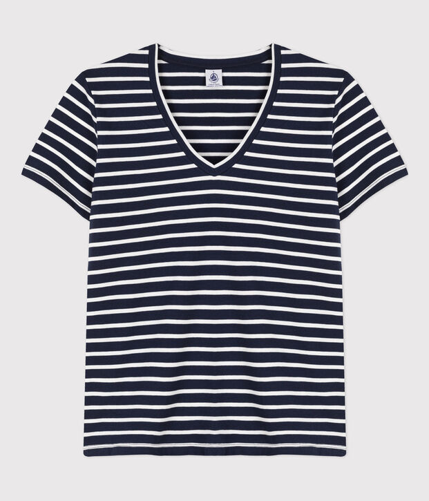 Camiseta de algod&oacute;n LE CLASSIQUE con cuello de pico para mujer azul/blanco