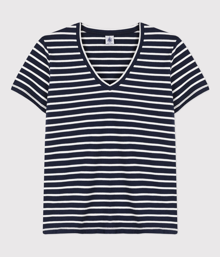 Camiseta de algod&oacute;n LE CLASSIQUE con cuello de pico para mujer azul/blanco