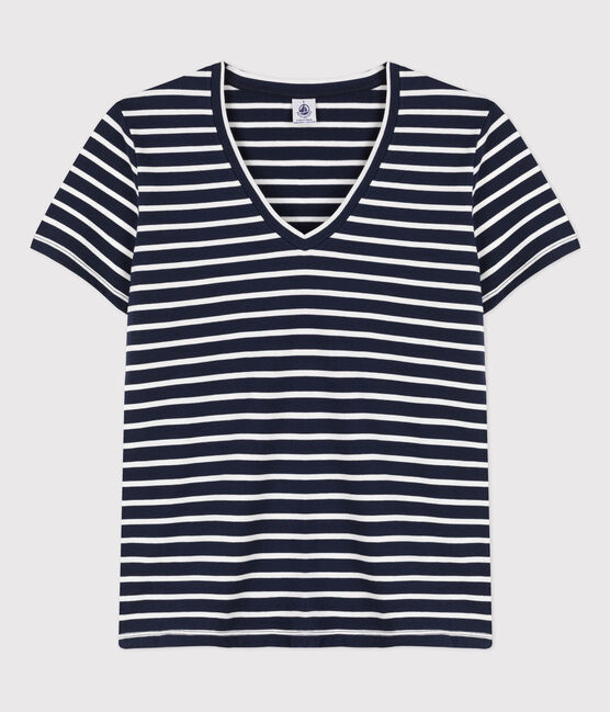 Camiseta de algodón LE CLASSIQUE con cuello de pico para mujer azul SMOKING/blanco MARSHMALLOW