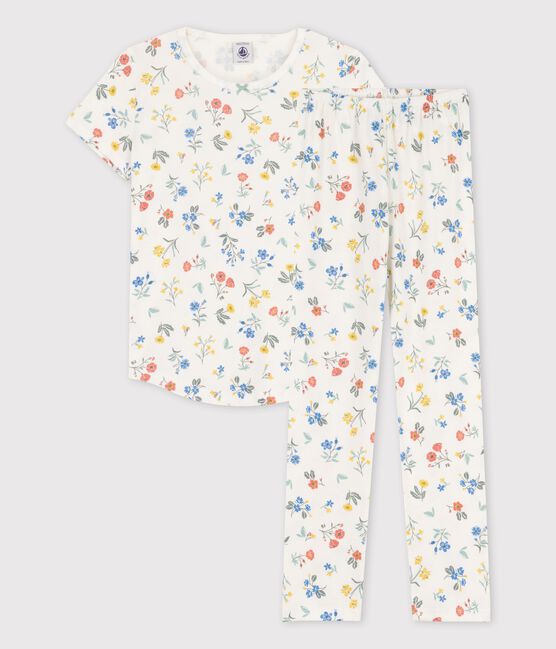 Pijama de manga corta de flores de algodón de niña blanco MARSHMALLOW/blanco MULTICO