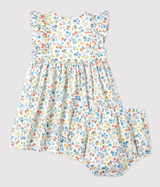 Vestido y braguita «bloomer» con estampado de flores de popelina de bebé blanco MARSHMALLOW/blanco MULTICO