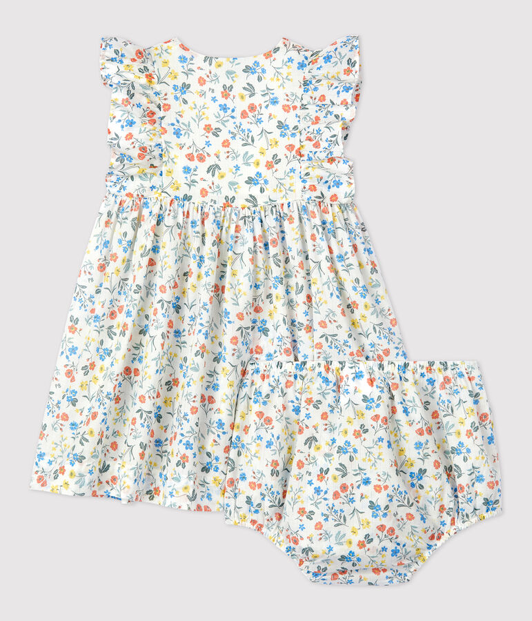 Vestido y braguita bloomer con estampado de flores de popelina de beb&eacute; blanco/multicolor