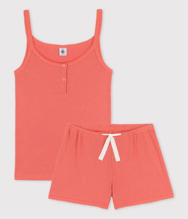 Pijama corto liso papaya de algod&oacute;n y lyocell de chica rosa