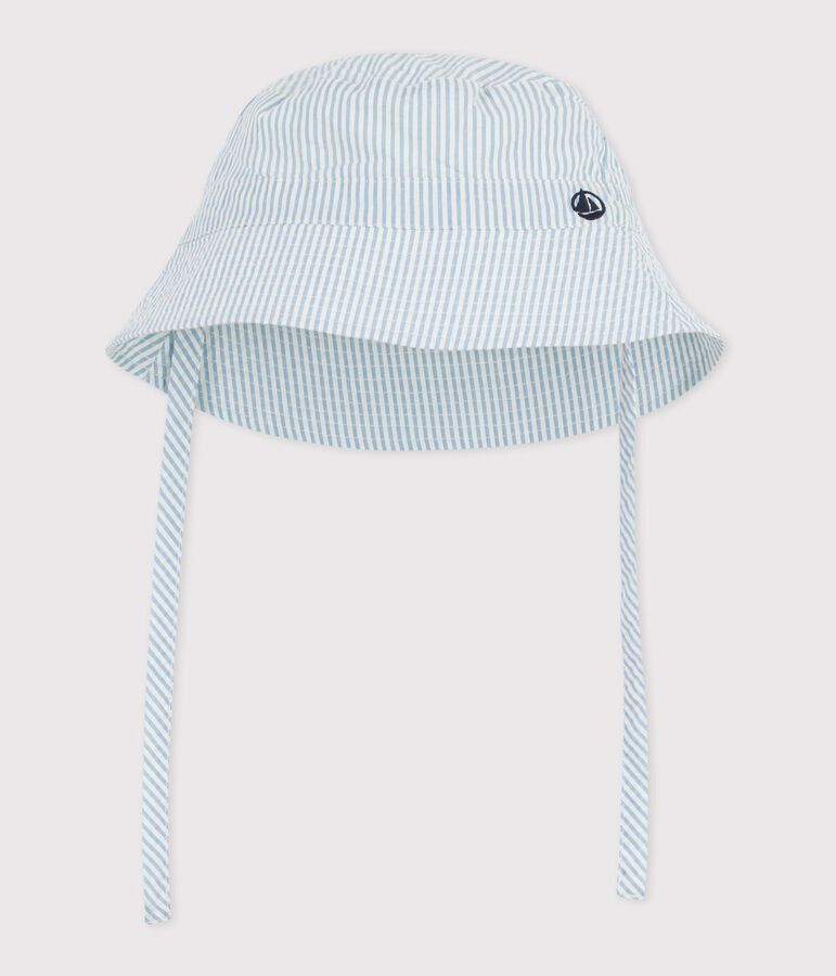 Gorro de lluvia anudable de seersucker para beb&eacute; azul/blanco