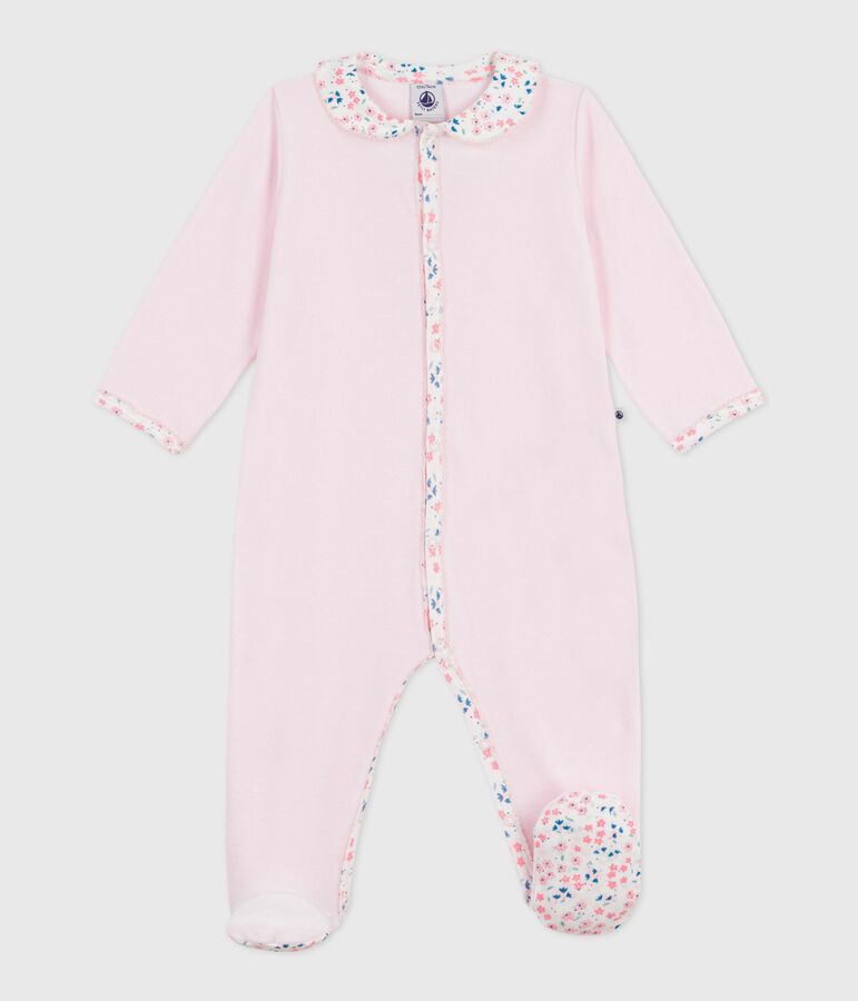 Pijama liso de terciopelo con cuello para beb&eacute; rosa