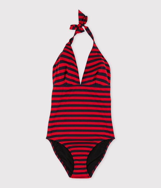 Traje de ba&ntilde;o de 1 pieza reciclado de mujer azul/rojo