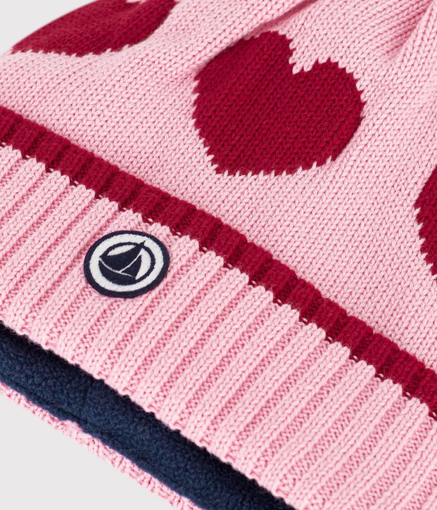 Gorro infantil de punto tricotado de jacquard con forro polar rosa/rojo