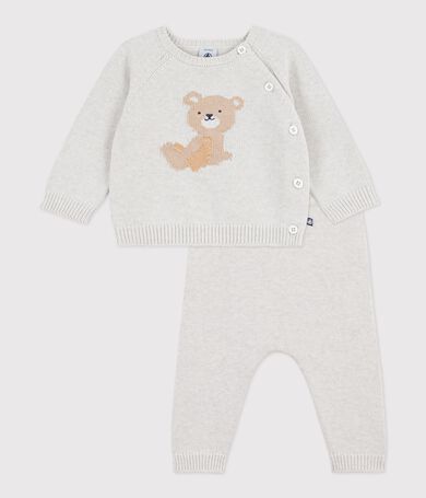 Conjunto de dos piezas para beb&eacute; en punto de algod&oacute;n con estampado de osito de peluche.