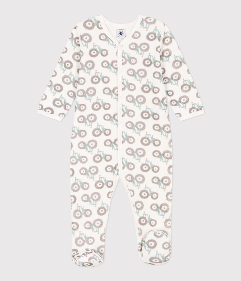 Pijama de terciopelo con tractores para beb&eacute; blanco/multicolor