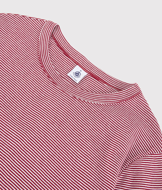 Camiseta de cuello redondo emblemática de algodón a rayas de mujer rojo SANGRIA/ MARSHMALLOW