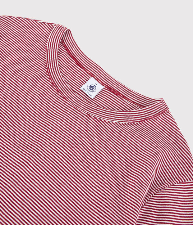 Camiseta de cuello redondo emblem&aacute;tica de algod&oacute;n a rayas de mujer rojo/blanco