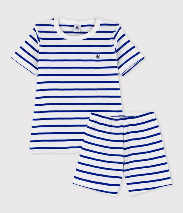 Pijama corto a rayas de ni&ntilde;o de algod&oacute;n blanco/azul