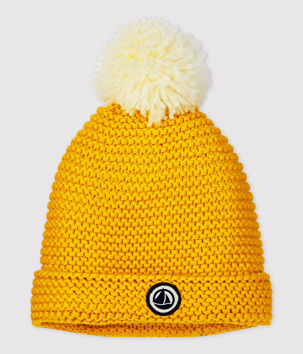 Gorro con pomp&oacute;n de beb&eacute;. amarillo
