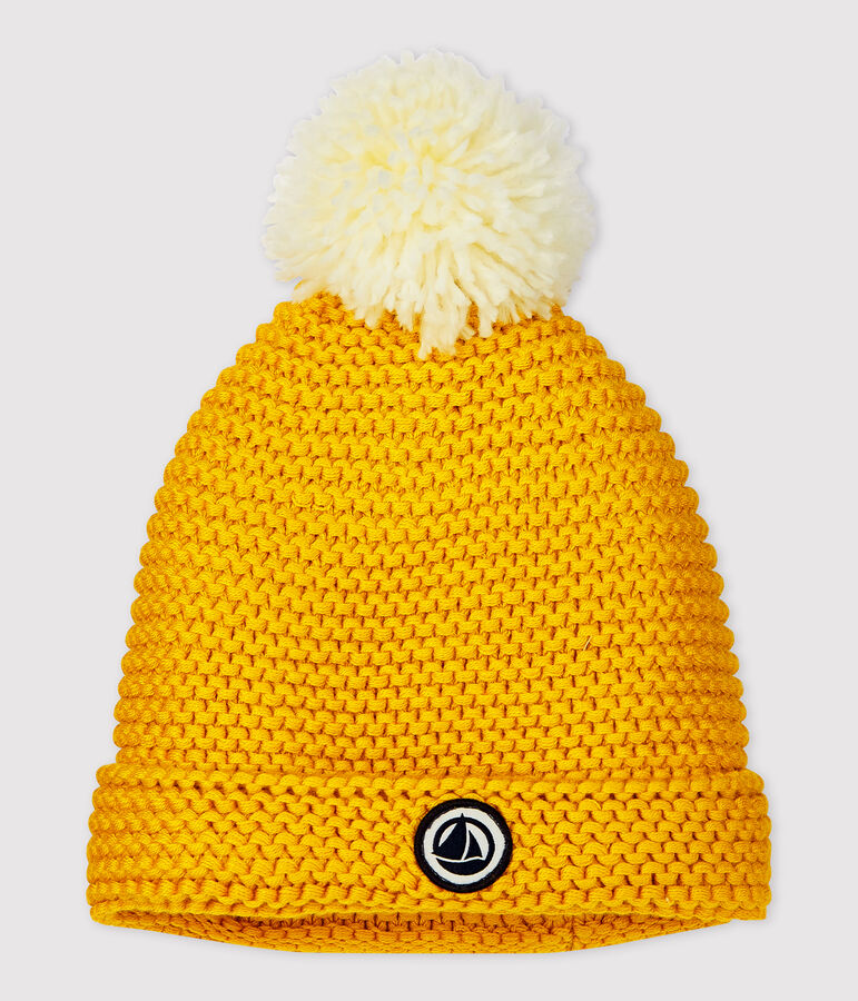 Gorro con pomp&oacute;n de beb&eacute;. amarillo