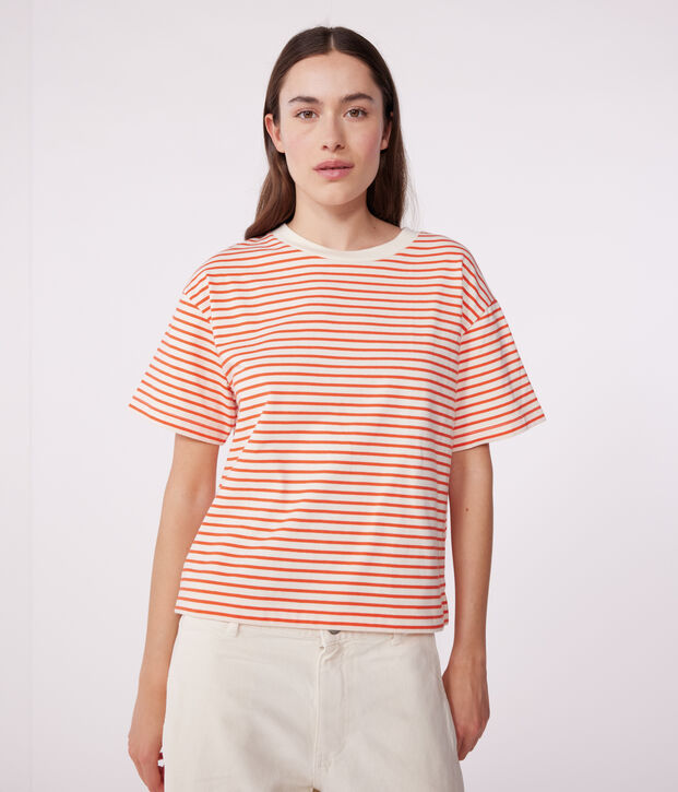 Camiseta Boxy de algod&oacute;n a rayas para mujer rojo/rojo