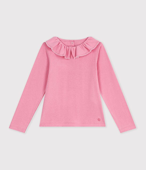 Camiseta infantil lisa de algod&oacute;n con cuello de manga larga rosa