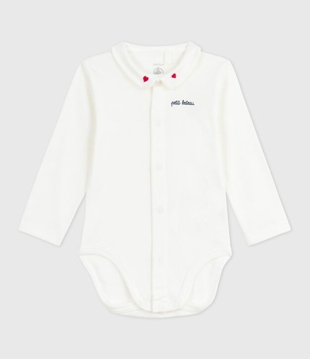 Body para beb&eacute; de algod&oacute;n liso con cuello bordado blanco/rojo