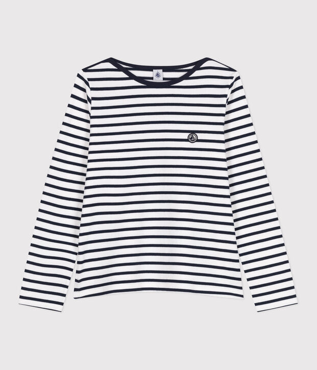 Camiseta marinera de mujer de algod&oacute;n grueso larga blanco/azul