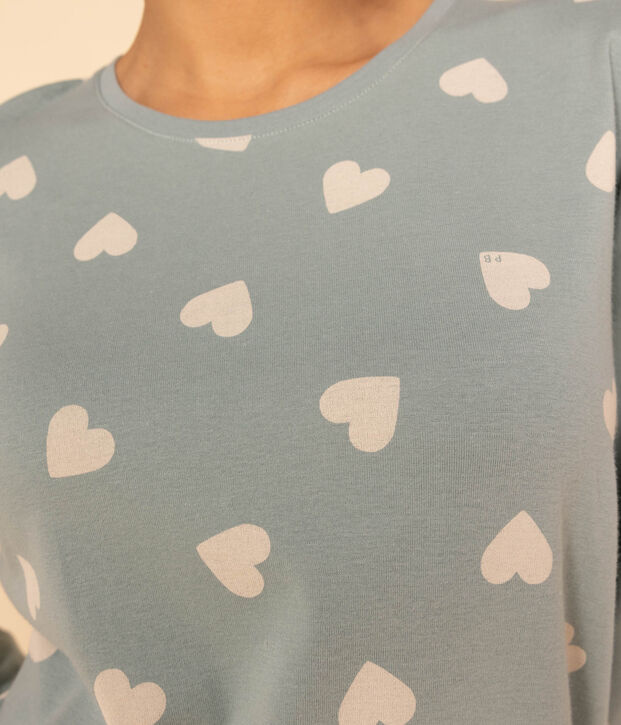 Pijama de algod&oacute;n con coraz&oacute;n para mujer verde/crudo