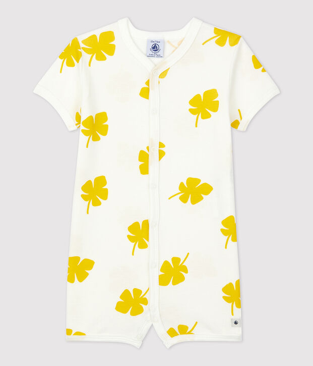 Pelele corto con estampado vegetal de algod&oacute;n de beb&eacute; blanco/amarillo