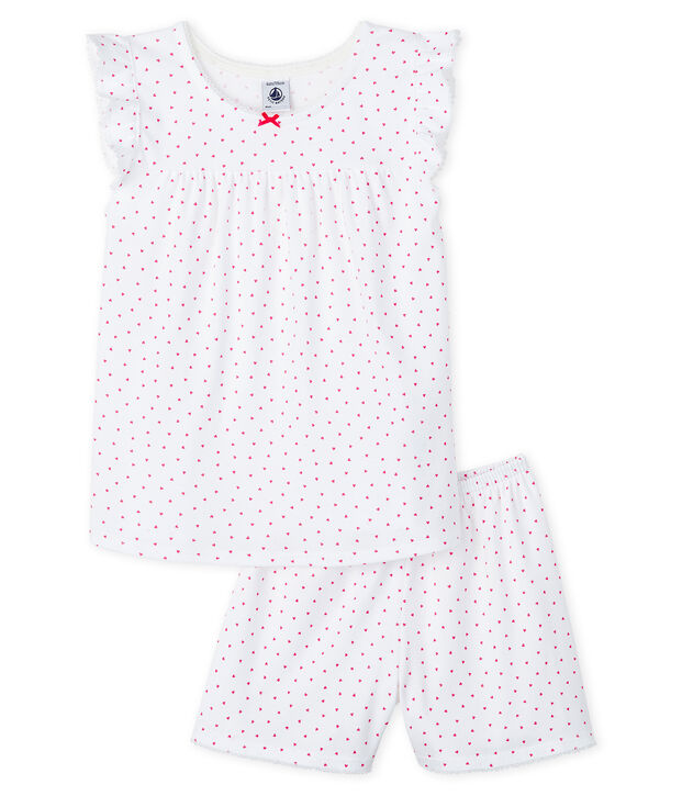 Pijama corto coraz&oacute;n rosa para ni&ntilde;a de canal&eacute; blanco/rosa