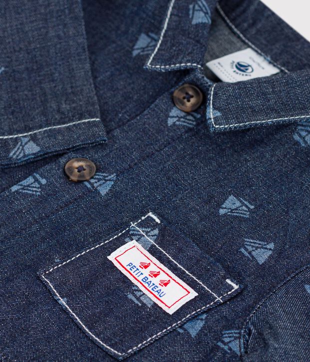 Mono largo de tejido denim con estampado de barcos para beb&eacute; azul/crudo