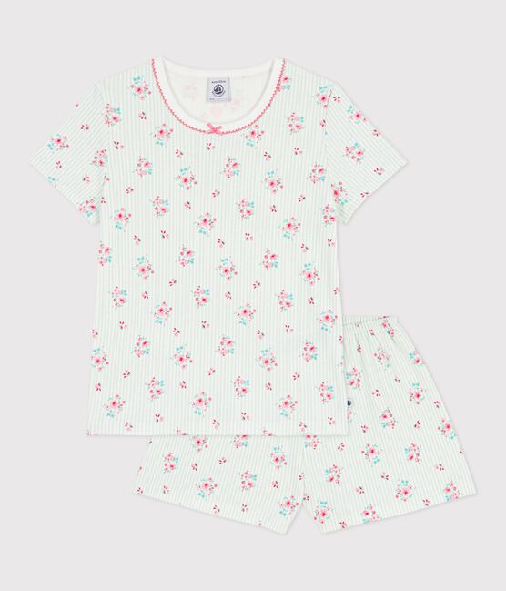 Pijama infantil corto de algodón con estampado de flores blanco MARSHMALLOW/blanco MULTICO