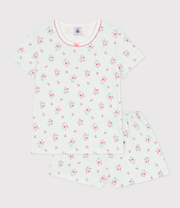 Pijama infantil corto de algod&oacute;n con estampado de flores blanco/multicolor
