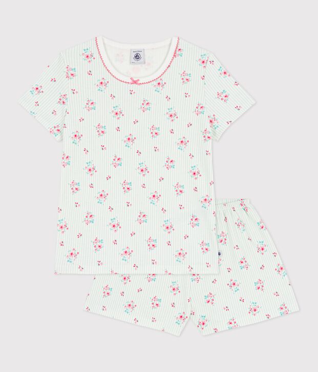 Pijama infantil corto de algod&oacute;n con estampado de flores blanco/multicolor