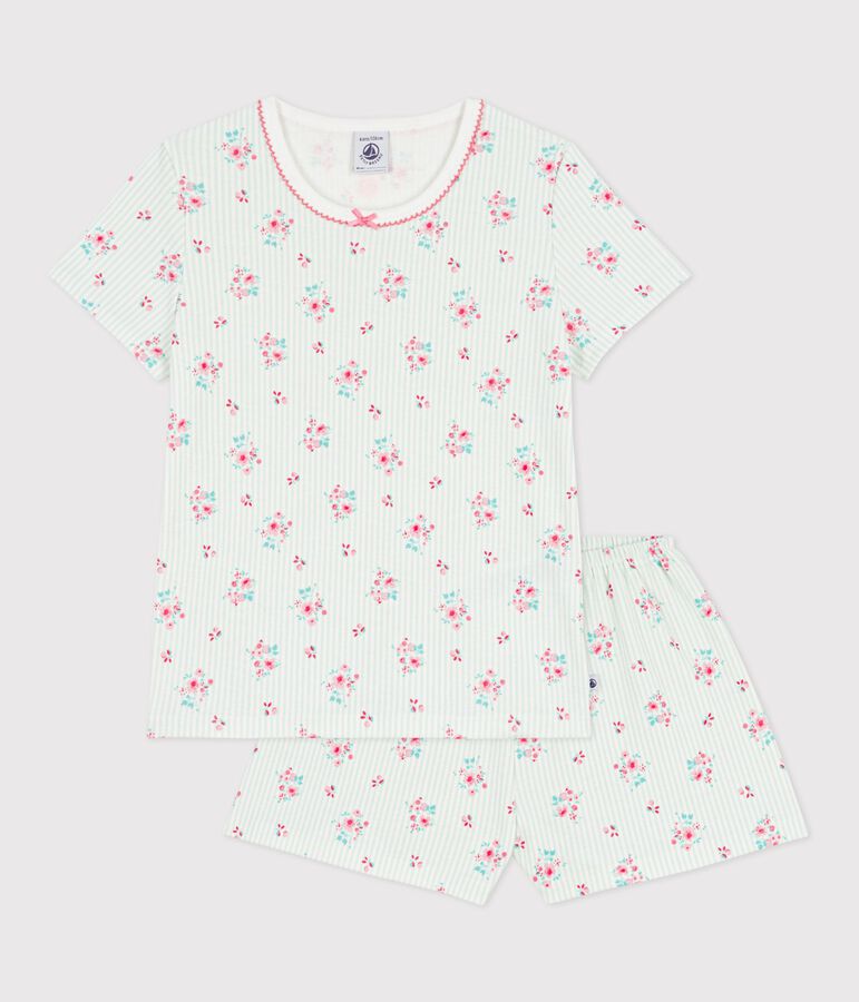 Pijama infantil corto de algod&oacute;n con estampado de flores blanco/multicolor